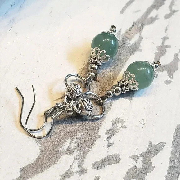 Green Malaysian Jade Gemstone Lacy Trim Silver Carved Rose Handcrafted Earrings - Picture 8 of 10